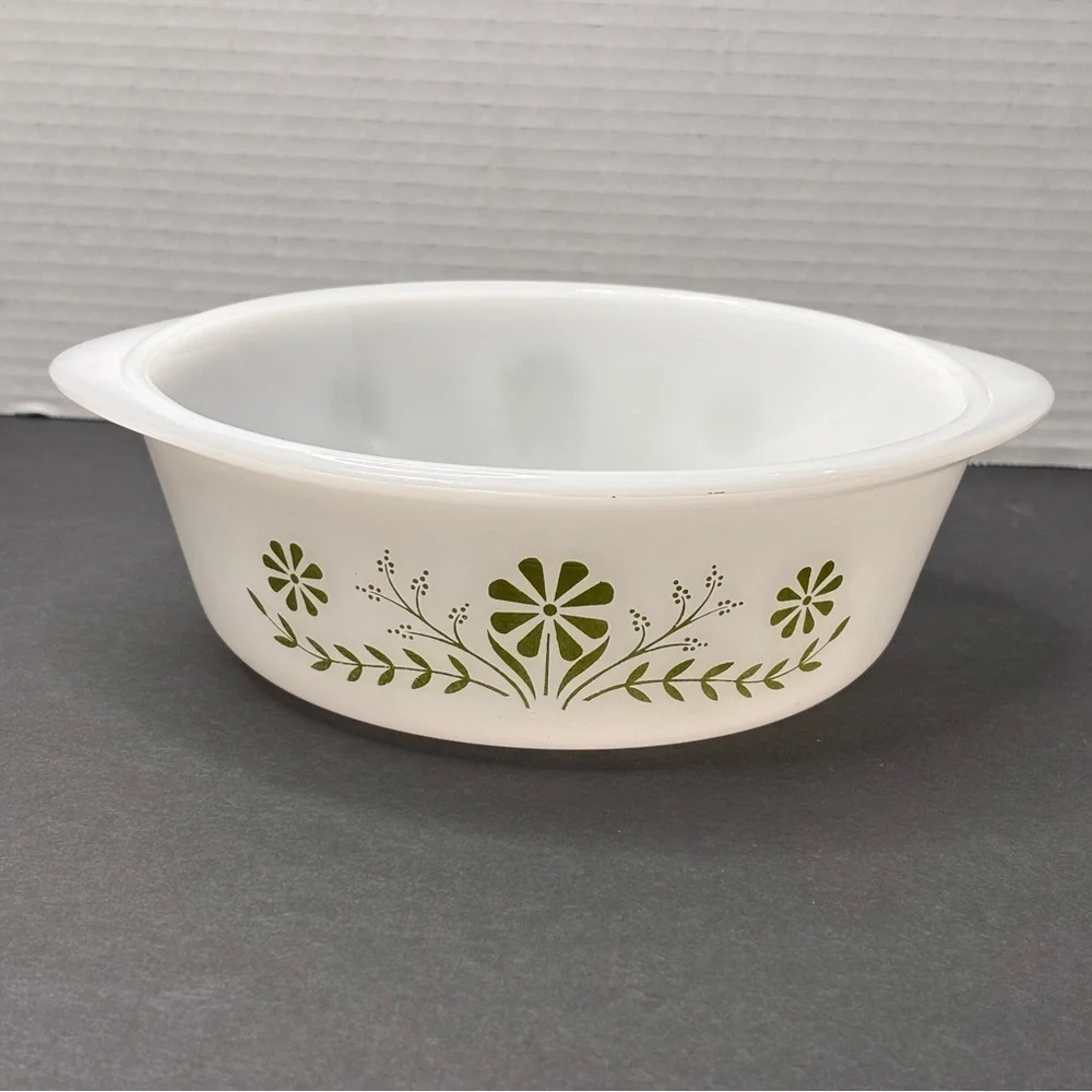 Vintage Glasbake 1 1/2 Qt Green Daisy Round Casserole Baking Dish #J2600 - Picture 3 of 13